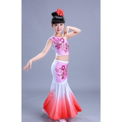 Dai Dance Costume Girls Peacock Dance Costumes Ethnic Children Girls Fishtail Skirts Costumes