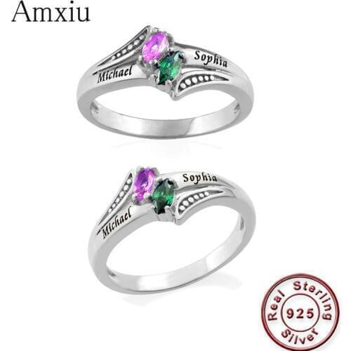 Amxiu Customize 925 Sterling Silver Ring Engrave Two Names Ring with Birthstones Personalized Couples Rings For Lovers Jewelry