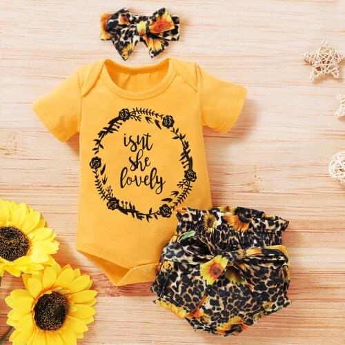 New Toddler Baby Girls Fashion 3-piece Outfit Set Short Sleeves Letter Print Romper+Leopard Shorts+Headband Set
