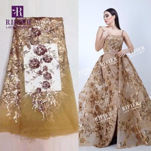 Champagne Gold Sequined Embroidered Net Lace Fabric Noble Flower Sequins Mesh Tulle Net Lace Wedding Material High Quality Laces