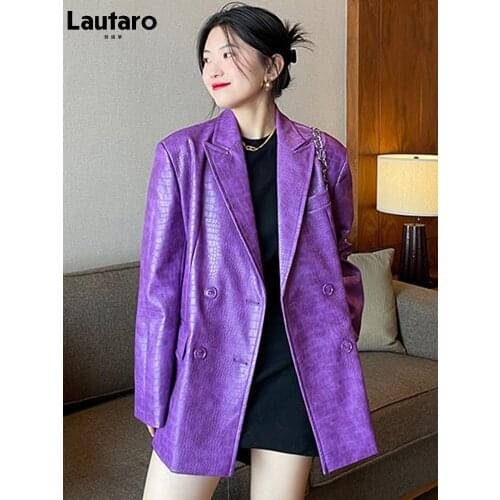 Lautaro Autumn Oversized Shiny Purple Crocodile Pattern Faux Leather Blazer Women Long Sleeve Double Breasted Y2K Jacket Fashion