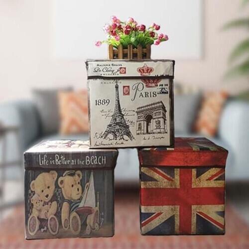 Multi-function Retro Non-woven Bear Flag Print Folding Storage Stool Sit Box Shoes Stool Storage Box Organizer Home Decoration