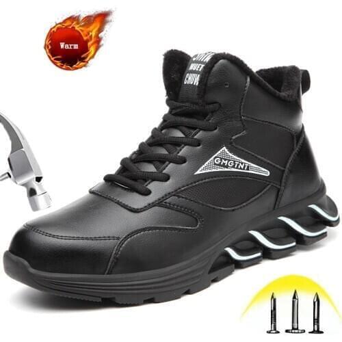 Men Comfortable Working Shoes Winter High Top Warm Fur Snow Boots Outdoor Leather Non slip Steel toe Indestructible Safety Shoes