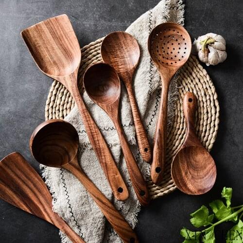 Kitchen Tool Set Thailand Teak Natural Wood Tableware Spoon Ladle Turner Long Rice Colander Soup Skimmer Cooking Spoons Scoop