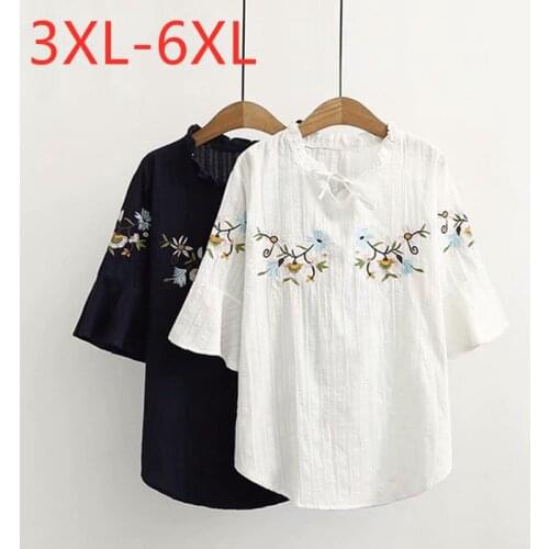 New 2021 Ladies Summer Plus Size Tops For Women Large Blouse Short Sleeve Loose Casual Cotton Embroidery Shirt 3XL 4XL 5XL 6XL