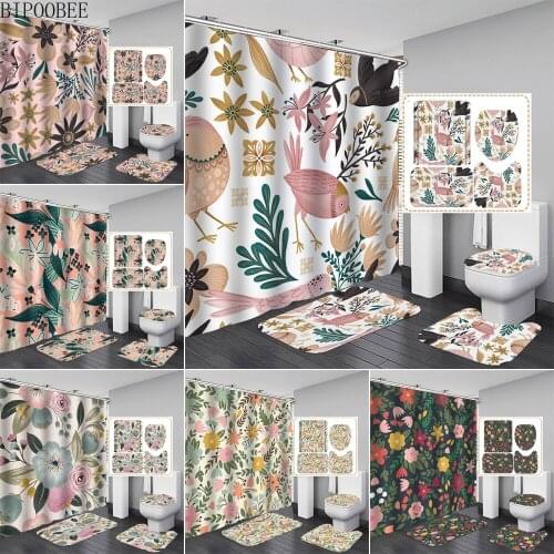 Bird Plant Flowers Shower Curtains Bathroom Curtain Cartoons Washroom Non-slip Carpets Pedestal Rug Toilet Lid Cover Bath Mats