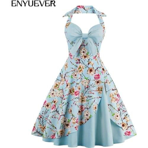 Enyuever Blue Floral Summer Dress Women Clothing Cotton Halter Bowknot V Neck Patchwork Robe Pin Up Swing Party Casual Dresses