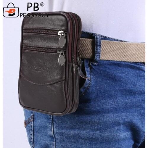 Fashion Men Genuine Leather Small Waist Bag Casual Solid Color Crossbody Fanny Packs Vintage Multi Layers Zipper Wallet
