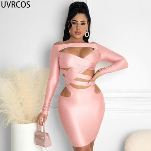 UVRCOS Fall 2021 Womens Fashion Mini Dress Sexy Streetwear Women Chest Cut Out Slash Neck Long Sleeve Middle Waist Bodycon Dress