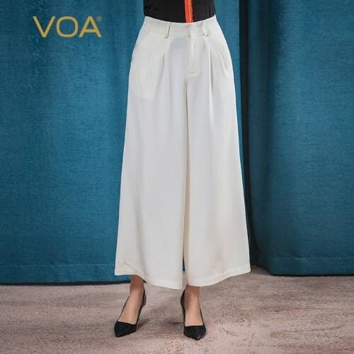 VOA Plus Size Office Lady Heavy Silk White Wide Leg Pants Brief Solid Loose Casual High Waist Women Trouser K5891