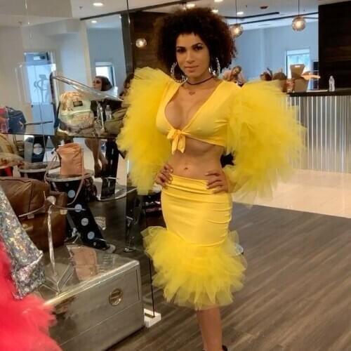 2020 Chic 2 Pieces Sexy Mini Ruffled Tulle Skirt And Ruffled Tulle Top for Women Personalized Girls Party Gown Custom Made