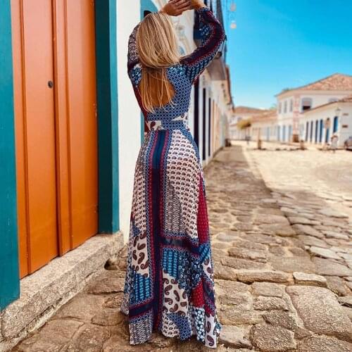 2021 New Boho Retro Print Bikini Cover-ups Sexy Cross Open Back Long Sleeve Summer Dress Women Beach Wear Swim Suit Cover Up