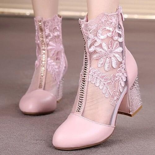 Womens Spring Shoes Ladies Lace Genuine Leather Fashion Boots Female High Heels Round Toe Mid Calf Women Boots Shoes Plus Size