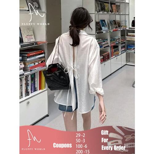 Womens Casual Loose Thin Blouses Sun Protection Back Straps Shirt Fashion Long Sleeve Single Breasted Turn-down Collar Blouse