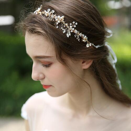 SLBRIDAL Golden Wired Rhinestones Crystal Freshwater Pearls Wedding Headband Bridal Hair Vine Hair Accessories Women Jewelry