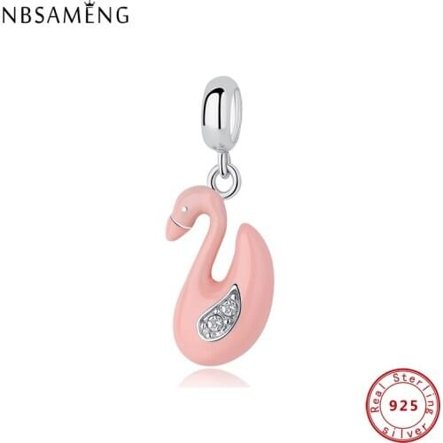 925 Sterling Silver Beads Charms Clear CZ Swan Pendant Fit Original Bracelets & Bangles Necklaces For Women DIY Jewelry