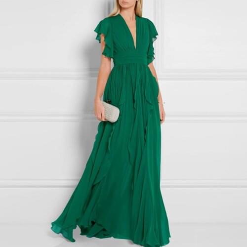 Vintage Elegant Green Ruffles Long Party Dresses Women 2021 Runway Sexy V-neck Pleated Maxi Dress Chiffon Robe Femme