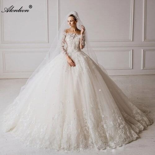 Alonlivn Elegant Long Sleeve Wedding Dress Charming Beading 3D Appliques Off The Shoulder Wedding Gowns Vestido De Novia