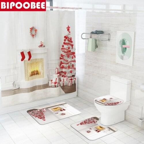 Parlour White Fireplace Print 3d Shower Curtains Christmas Tree Bathroom Curtain Festival Decor Anti-slip Carpet Bath Mat Set