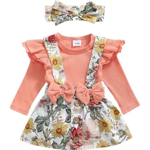 Infant Baby Girl Romper Dress, Long Sleeve Round Neck Ruffle Floral Print Bowknot Jumpsuit for Casual Party Street