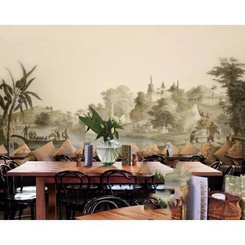 European-style retro hand-painted southeast Asian pastoral castle elephant mural background wall