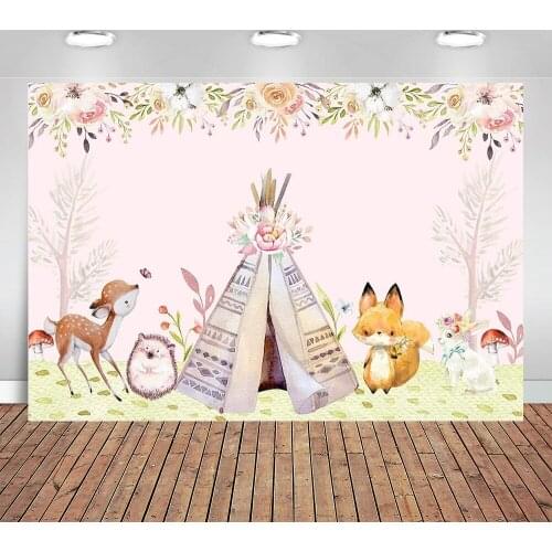 Boho Wild One Backdrop Woodland Animal Flowers Tribal Pink Photography Background Girl Birthday Baby Shower Party Decoration