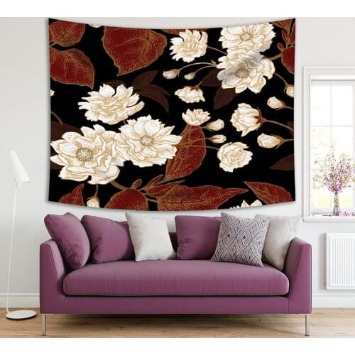 Tapestry Floral Pattern with Leaves Flowers and Branches on Black Background Vintage Artwork Brown White Gold
