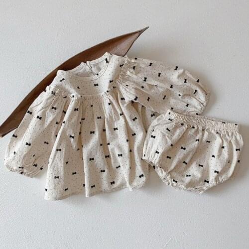 Cotton Linen Baby Girls Clothes Set Full Bowknot Printing Long Sleeve Pullovers+Shorts Suits Newborn Casual Shirt Underwear Suit