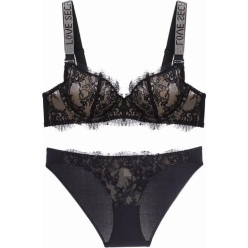 Shiny Rhinestone Letter Underwear Set Women Push Up Lace Transparent Bra Sexy Lingerie Female Temptation Hollow Out Bralette
