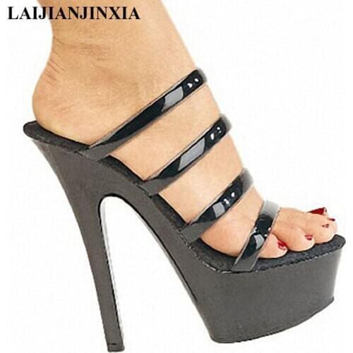 LAIJIANJINXIA New Fashion 6 Inch Stiletto High Heel Shoes Clear Platforms Strappy Sexy Shoes 15cm High Heels Crystal Slippers