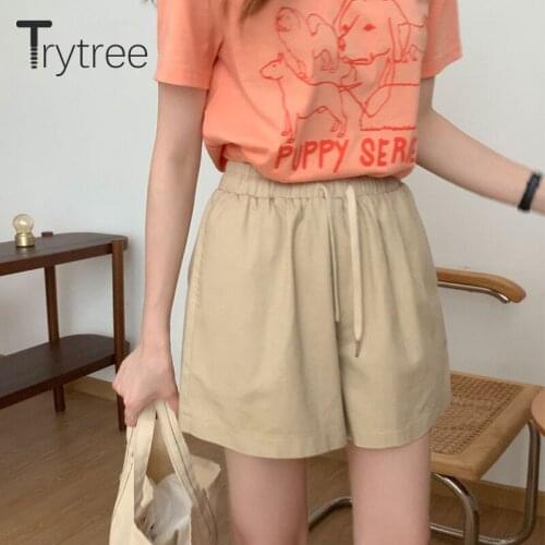 Trytree 2021 Summer Woman Casual Shorts Elastic Waist Drawstring Loose Wide Leg Short Solid 3 Colors All-Purpose Style Hot Pants