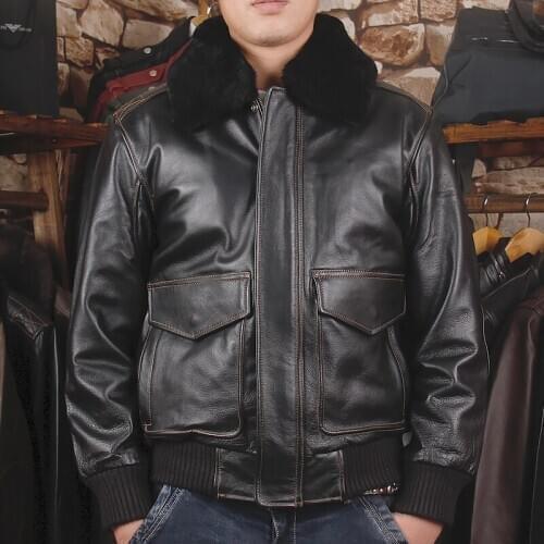 Wool collar genuine cow leather coat men cowhide air force casual leather jacket motorcycle rider jacket big size Winter Coats