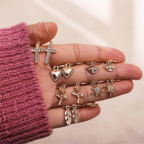 IF ME Vintage Fashion Circle Cross Rose Star Earrings Set For Women 2020 Boho Geometric Heart Eye Crystal Earring Female Jewelry
