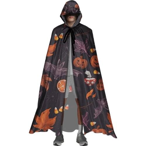 Halloween Pumpkin Bat Print Gothic Hooded Cloak Unisex Vampire Witch Cosplay Costumes Full Length Robes Capes for Womens Mens