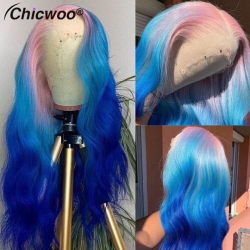 Body Wave Pink Lace Front Human Hair Wigs Brazilian Remy Highlight Colored Lace Front Wigs Ombre Blue Human Hair Lace Wig 180