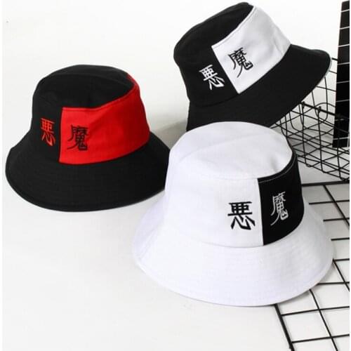 New Unisex Demon Embroidery Bucket Hat Fisher Black White Patchwork Fashion Outdoor Sun Cap Summer 100%Cotton Fisherman Hats