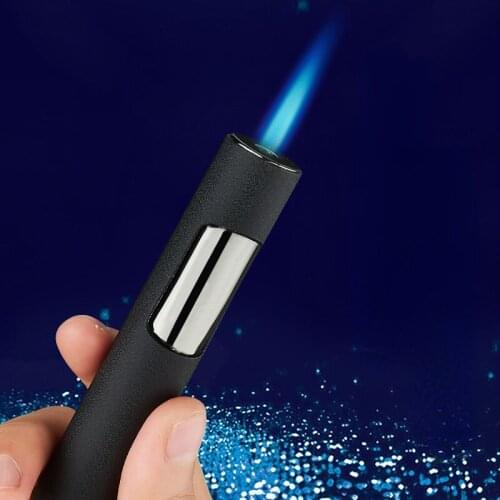 Blue Flame Straight Cylindrical Windproof Lighter Inflatable Cool Trend Male Personality Push Lighter Smoking Accessories