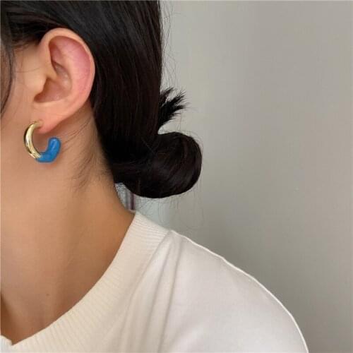 SRCOI Retro Minimalist Small C-Shaped Enamel Earrings For Women Girls Cool Geometric Hoops Candy Color Fashion Party Jewelry New