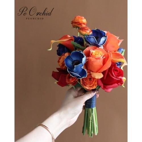 PEORCHID Blue&Orange Wedding Flower Bouquets Rose Real Touch Ramos De Novia Church Artificial Bridal Bouquet Deco Mariage