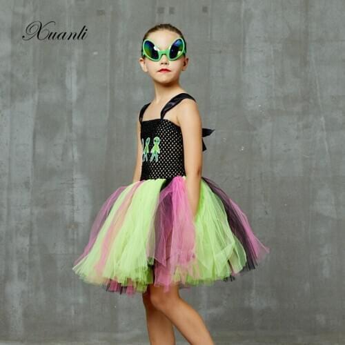 Children Clothing Girls Tutu Dress with Headband Green Alien Princess Cosplay Costume for Kids Christmas Party Dress