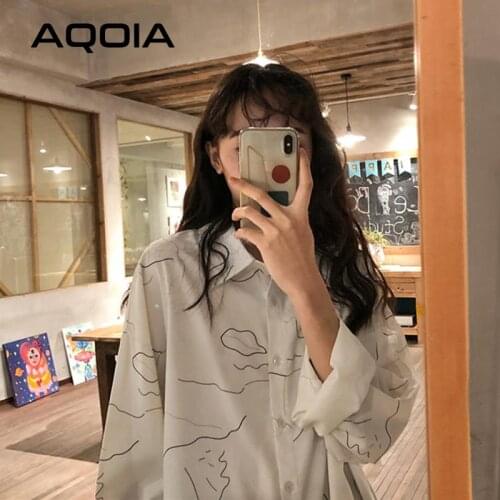 Chic Korean style Abstract Printing Women White Shirt Loose Long Sleeve Button Up Ladies Blouse 2021 Sumemr Female Clothing Tops