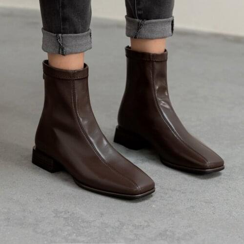 NEW Autumn Winter Women Ankle Boots Fake Leather Fashion Female Stretch Square Toe Shoes Sexy Ladies Black Brown Low Heel Boots