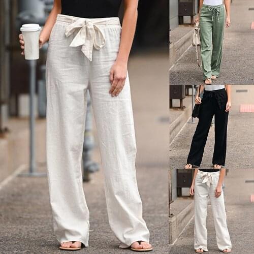 Women Linen Cotton Pants Casual Comfort Solid Wide Leg Pants Female High Waist Belt Long Straight Ankle-length Length Trousers