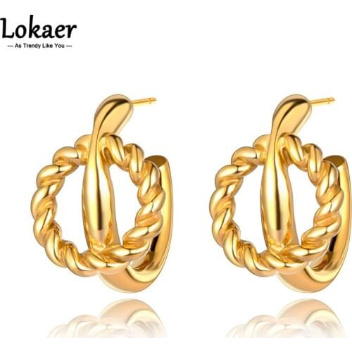 Lokaer Trendy 18K Gold Stainless Steel Geometry Intersecting Circle Earrings For Women Girl Original Design Party Jewelry E21098