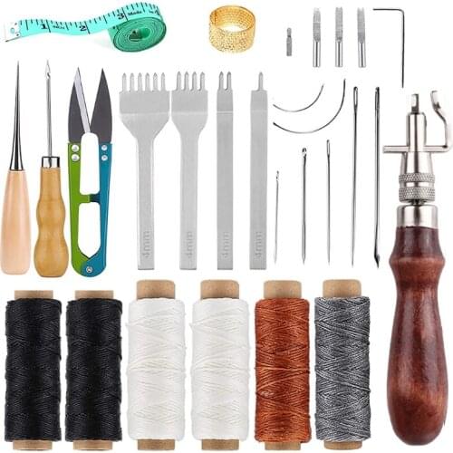 1 Set Professional Leather Craft Tools Kit with Wax Thread Needle Hand Sewing Repair Stitching Punch Carving Work Groover DIY Ac