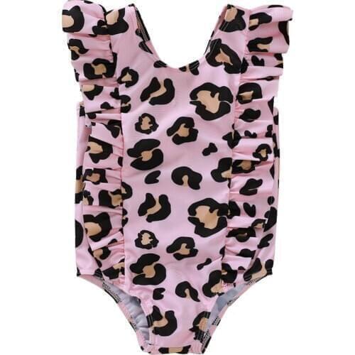 2020 Summer Swimsuit Children Leopard Swimsuit U-shaped Neck Fly Sleeve One-piece Bathing Suit Baby Girl Fashion Swimwear 6M-5T