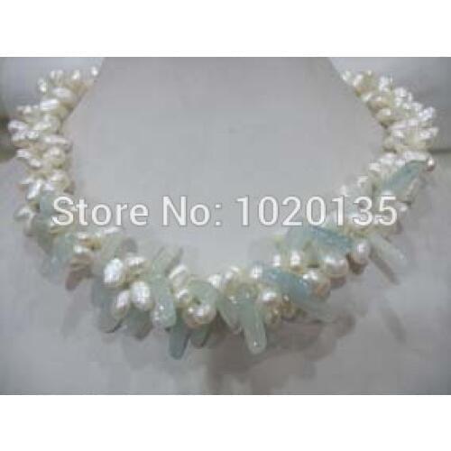 3rows freshwater pearl white baroque and blue stone branch necklace 19inch FPPJ beads
