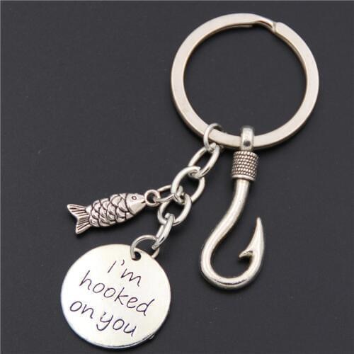 1pc Fish Hook Fishing Keychain Keyring Stamped "I'm Hooked On You Fishing Gift Fish Hook Jewelry Fathers Day Gift