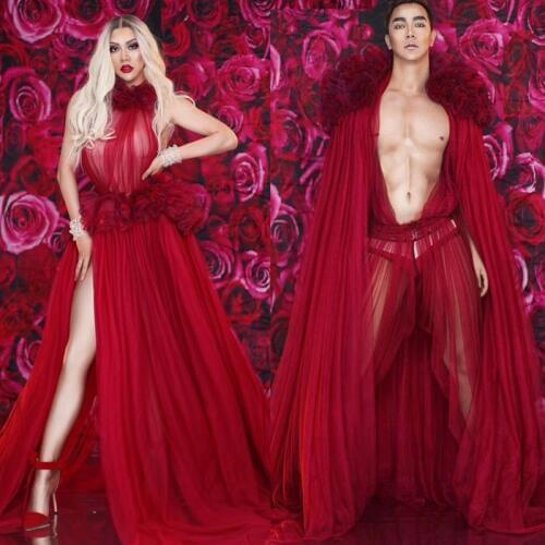 Red Flowers See Through Long Dress Birthday Celebrate Dresses Women Singer Stage Men Festival Outfit Drag Queen Costumes DT1351