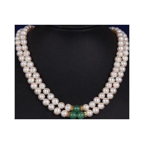 2row double strands 9-10MM GREEN JADE SOUTH SEA WHITE PEARL NECKLACE